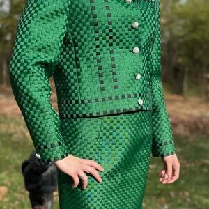 Stunning green woven women’s suit.  Chanel type “look”. See listed measurement